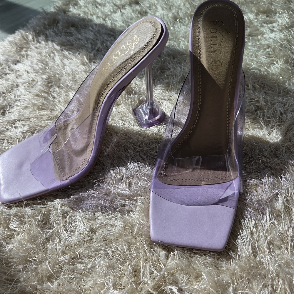 Oh Polly Lilac Clear Strap Mule Heels